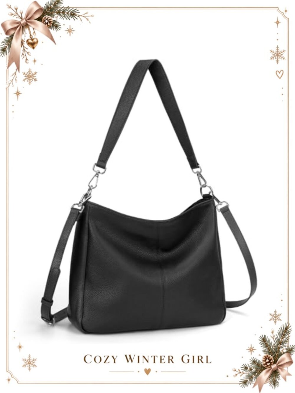 Genuine Leather Hobo Shoulder Crossbody Bag with 2 Straps